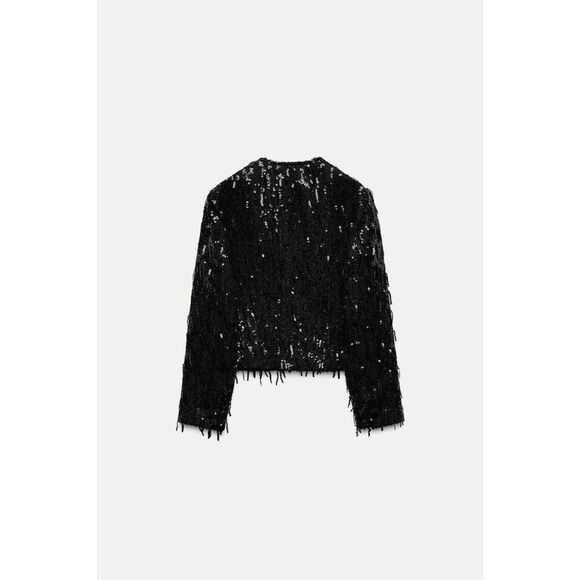 Zara Womens Sequin Jacket Blazer XS Black Fringed Textured Cropped 9659/630 NWOT - Picture 4 of 15